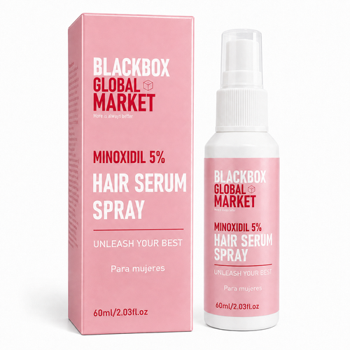 BLACKBOX Hair Serum Spray Minoxidil 5% para mujeres 60 ml con su caja rosa